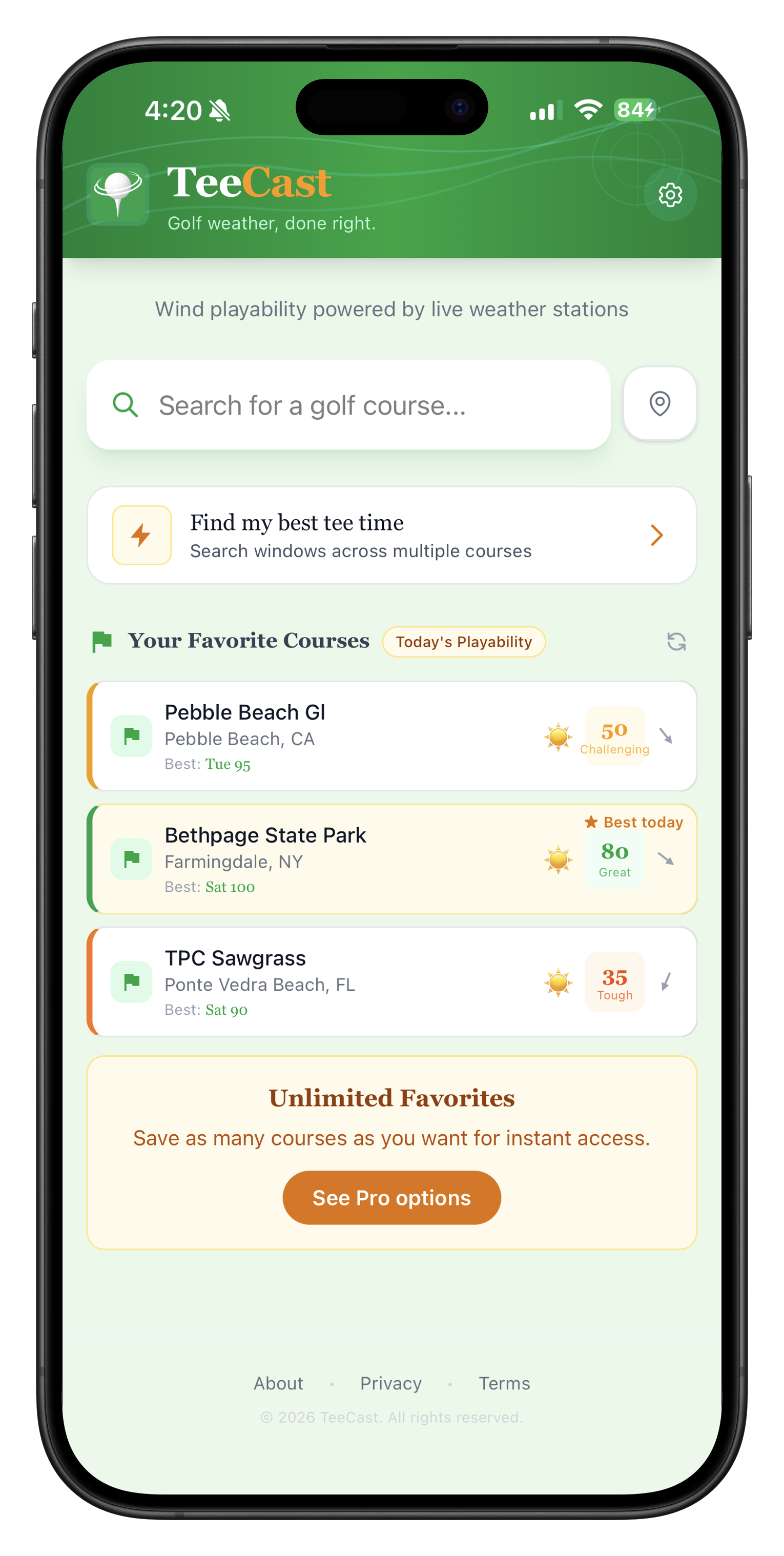 TeeCast home screen showing the multi-course tee time finder above favorite courses